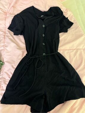 Old Navy Black Button-Front Short Romper with Tie Waist